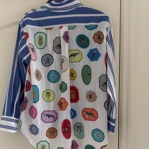 Vilagallo Blue-White Stripe Button-Down with Multicolor Patch Print